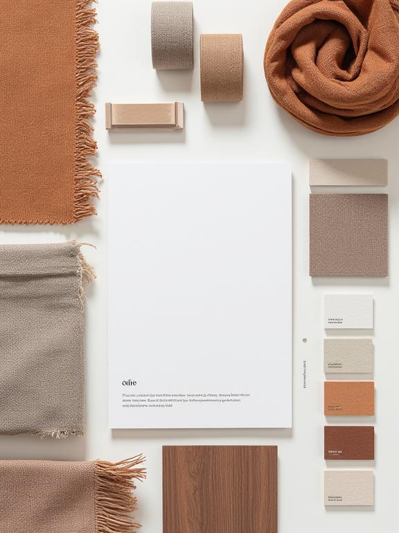 Moodboard de diseño con muestras de telas, maderas y paletas de colores.
