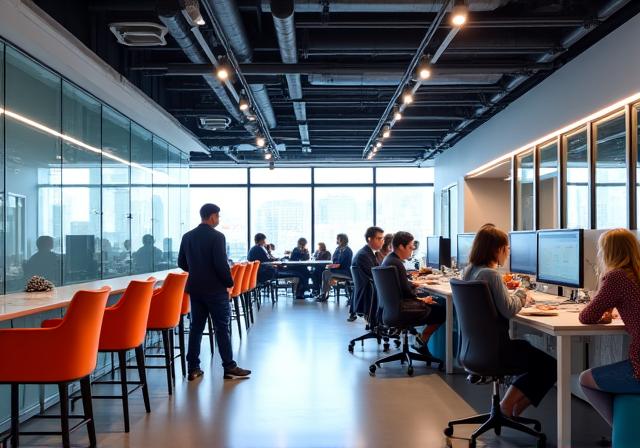 Espacio de trabajo colaborativo en unas oficinas de tecnología.