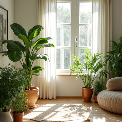 Interior luminoso con plantas y materiales naturales como madera y lino.