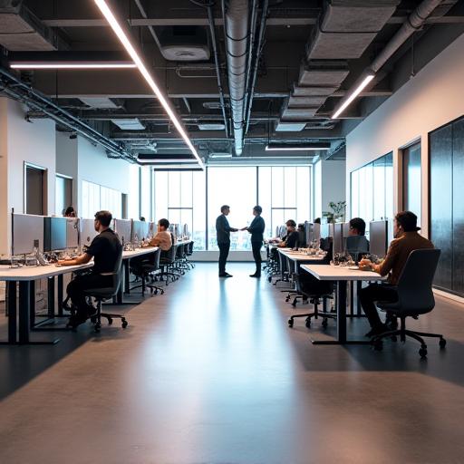 Moderno espacio de oficina de planta abierta con diseño funcional.