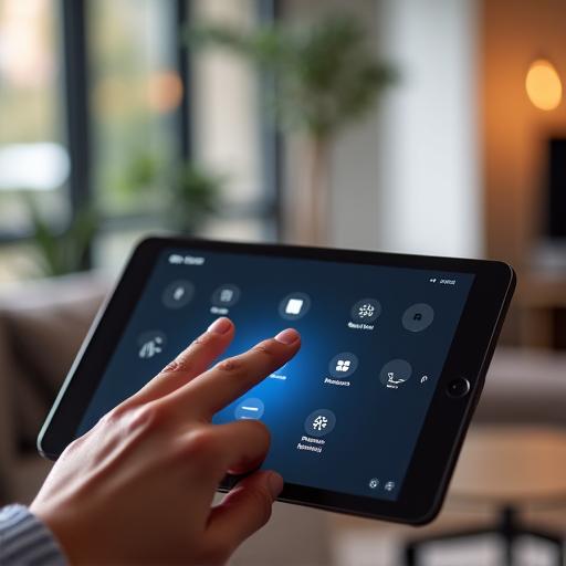 Mano interactuando con una tablet de control domótico en un salón moderno.